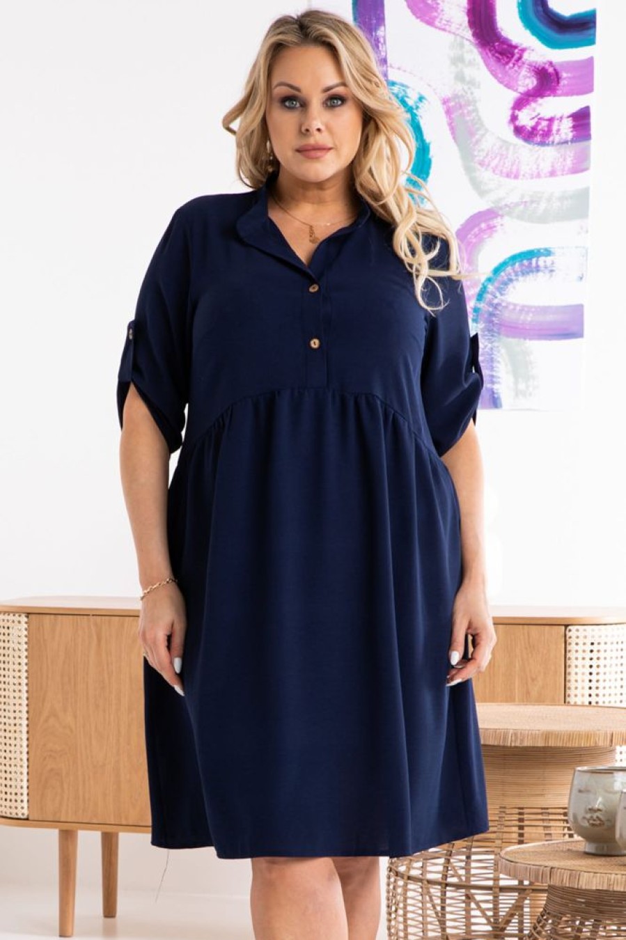 Odziez Damska karko | Sukienka Biznesowa Plus Size Dekolt Polo Swobodna Dalia Granatowa