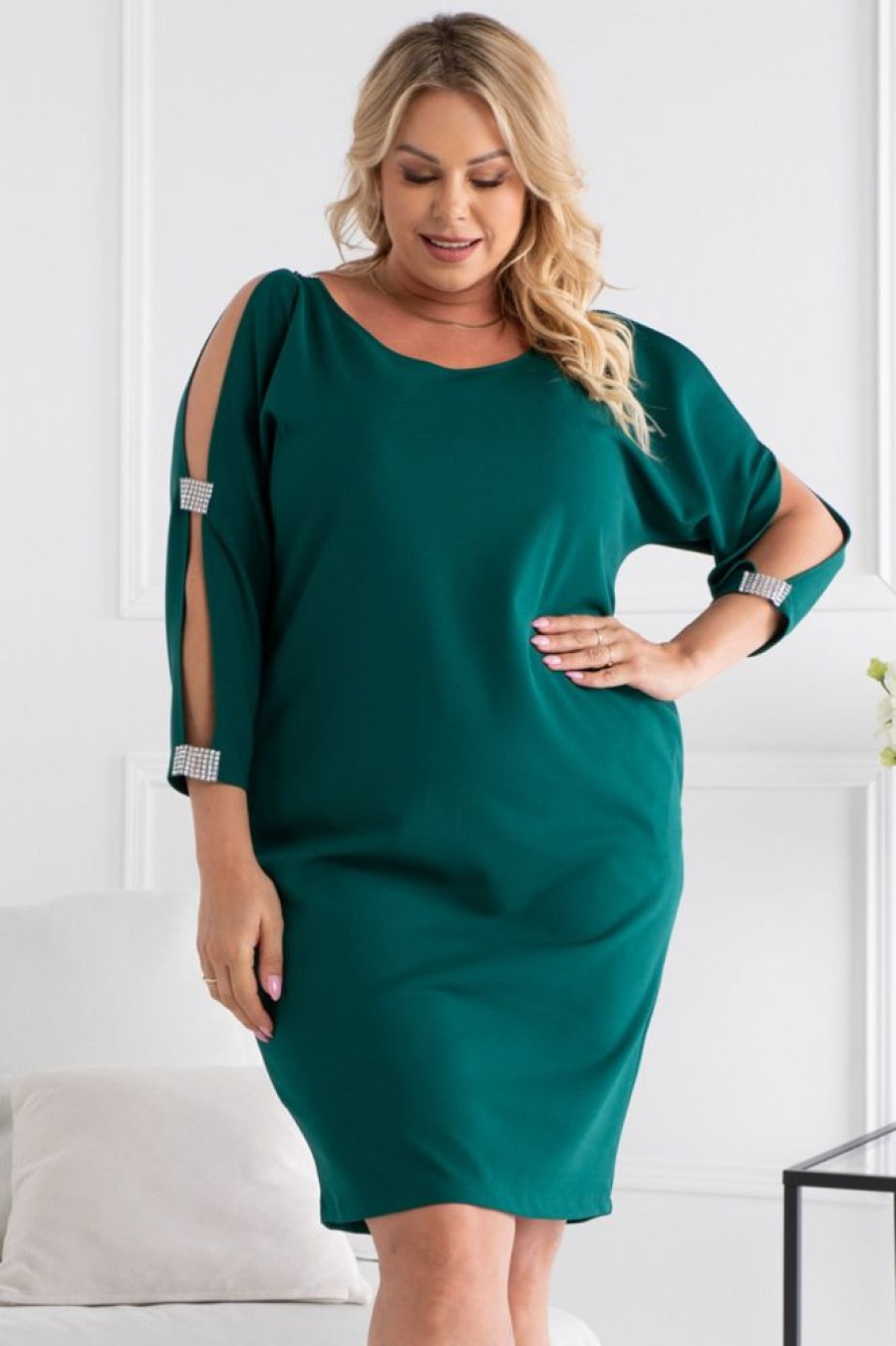 Odziez Damska karko | Sukienka Na Wesele Plus Size Martina Krysztalki Na Rekawkach Butelkowa Zielen