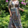 Odziez Damska karko | Sukienka Boho Long Z Koronka Wiskozowa Flora Patchwork Niebiesko-Brazowy Promocja